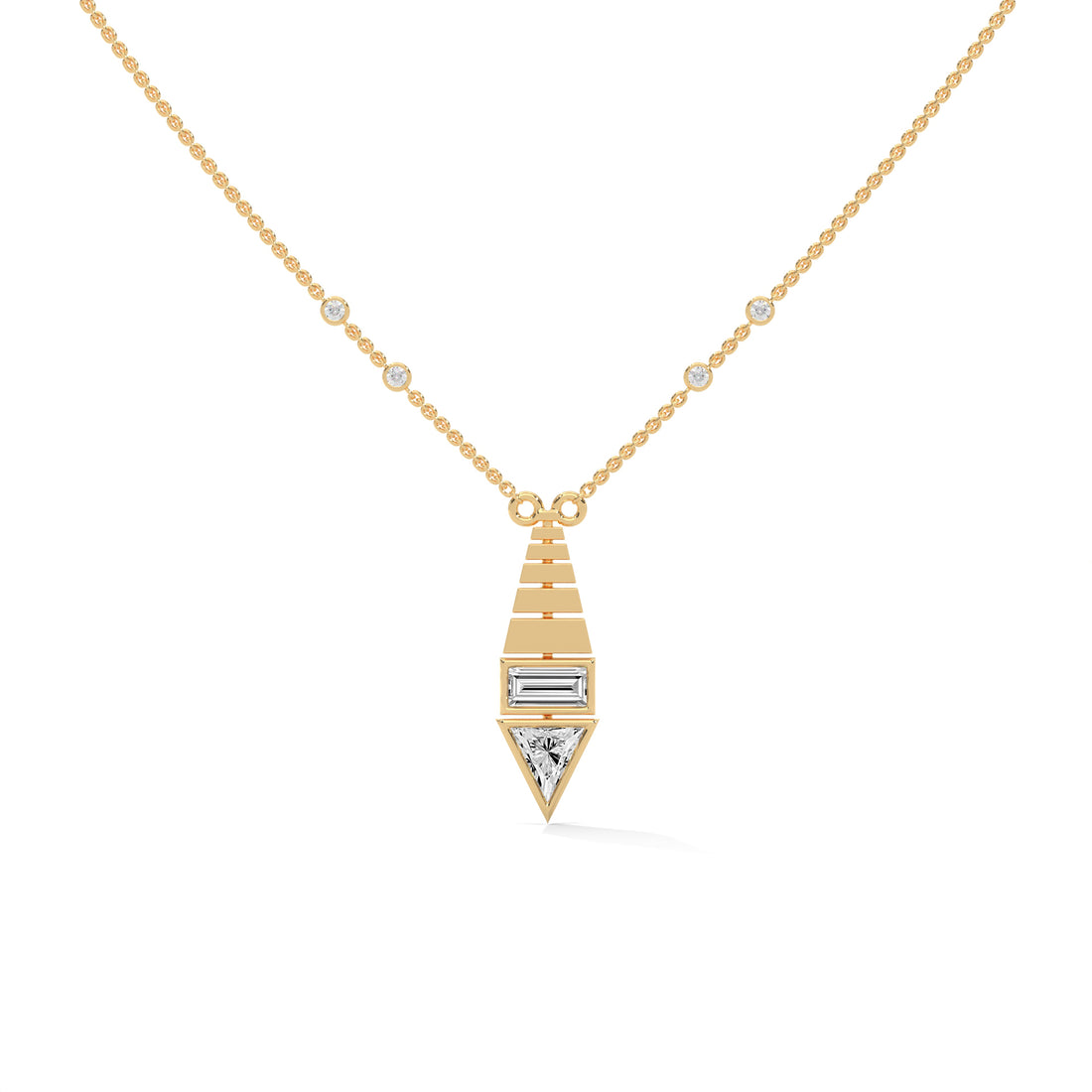 Art Deco Diamond Pendant Necklace, Baguette & Trillion Cut, Minimalist Gold Statement Jewelry