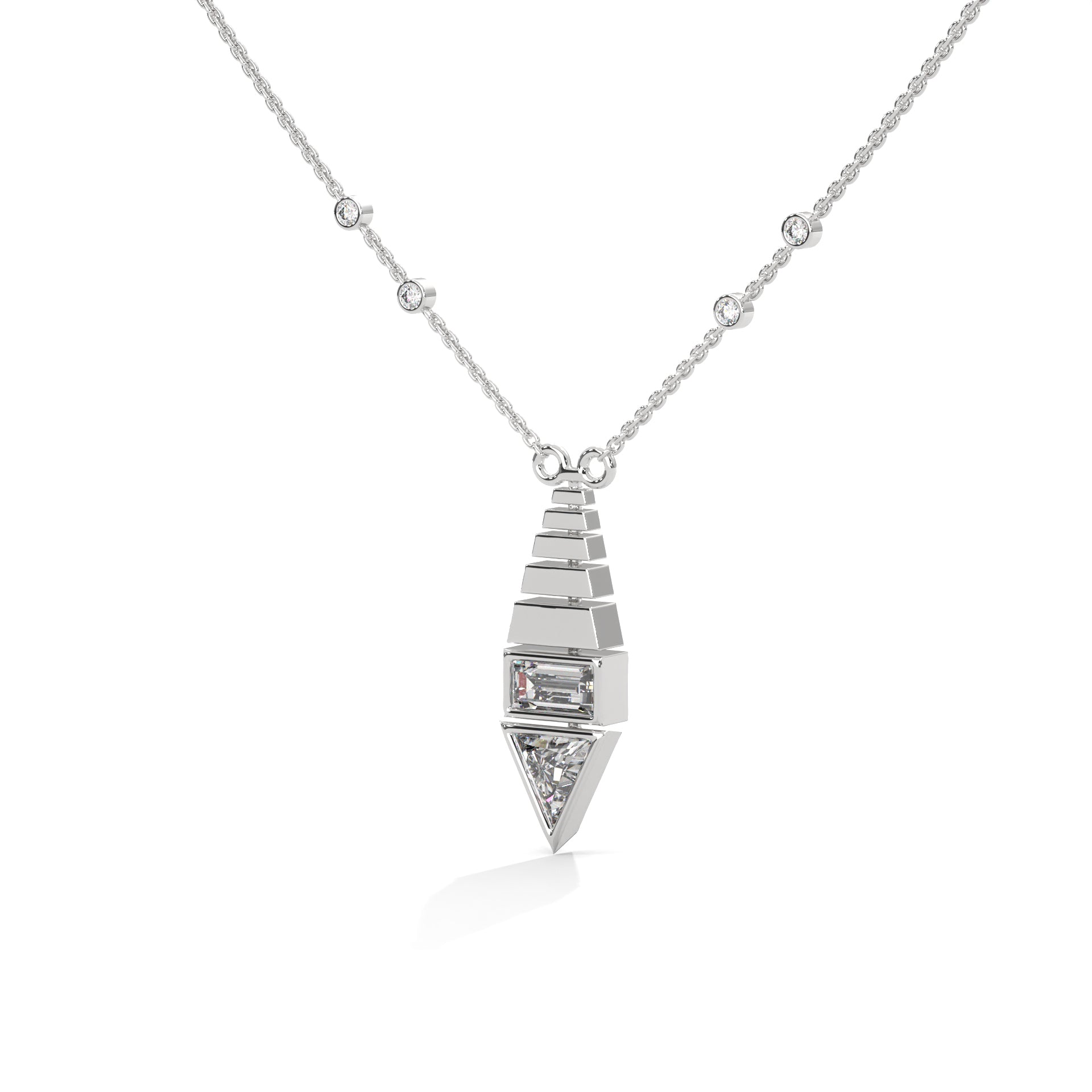 Art Deco Diamond Pendant Necklace, Baguette & Trillion Cut, Minimalist Gold Statement Jewelry