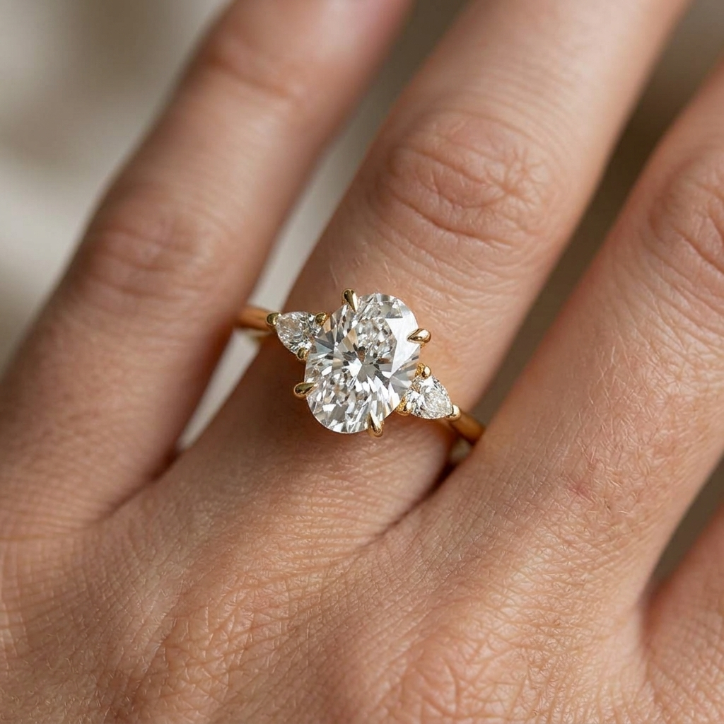 Oval Lab Grown Diamond Ring, 3-Stone Pear Side Stones, Minimalist Gold Engagement Ring