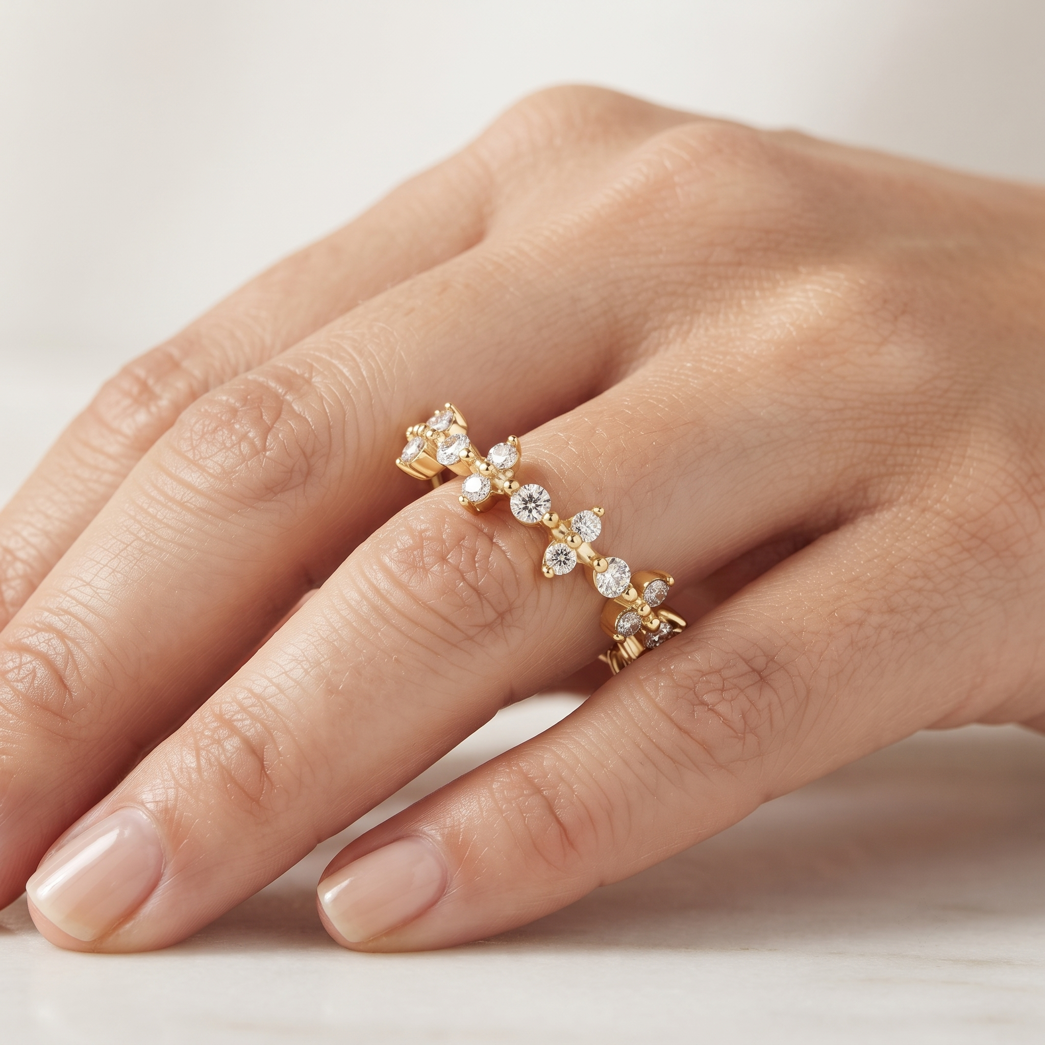 Solid Gold Cluster Diamond Band Ring, Minimalist Wedding Stack, Round Cut Lab Grown