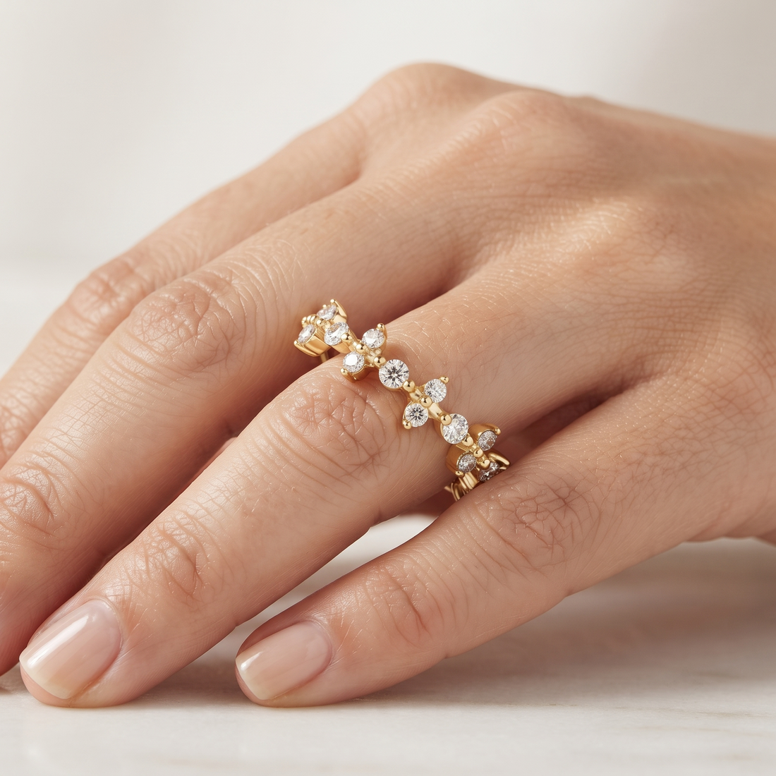 Solid Gold Cluster Diamond Band Ring, Minimalist Wedding Stack, Round Cut Lab Grown