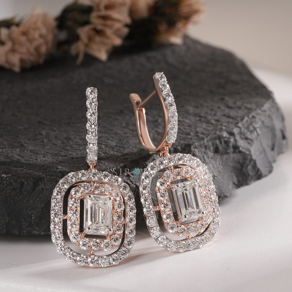 Elegant Double Halo Emerald Cut Diamond Drop Earrings in Rose Gold