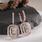 Elegant Double Halo Emerald Cut Diamond Drop Earrings in Rose Gold