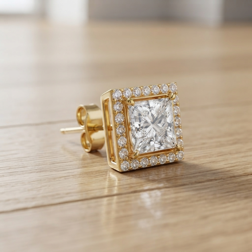 1.00 CT Princess Cut Diamond Halo Stud Earrings