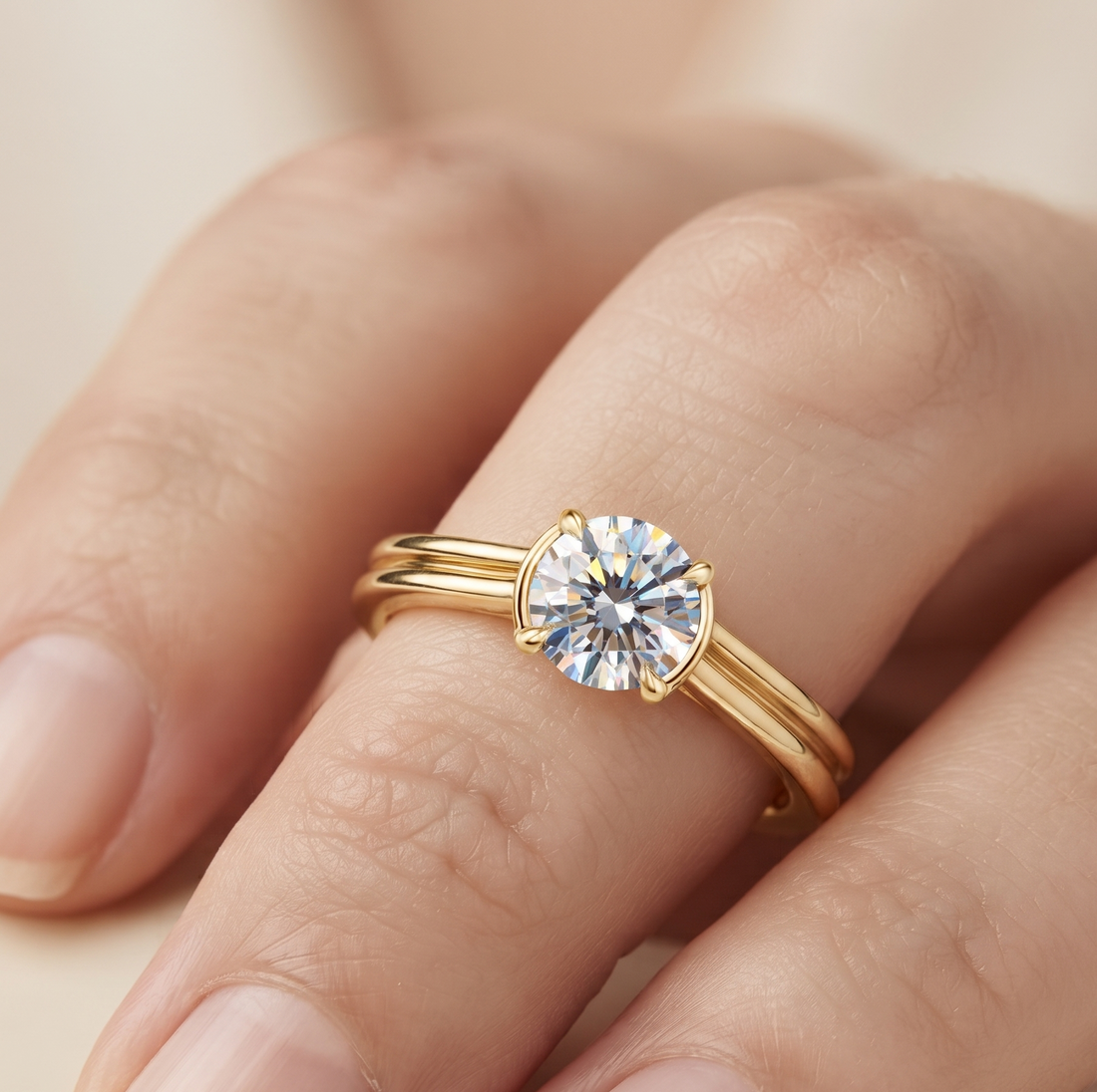 Gold Multi-Band Solitaire Ring Set | Round Cut Diamond, Minimalist Bridal Jewelry