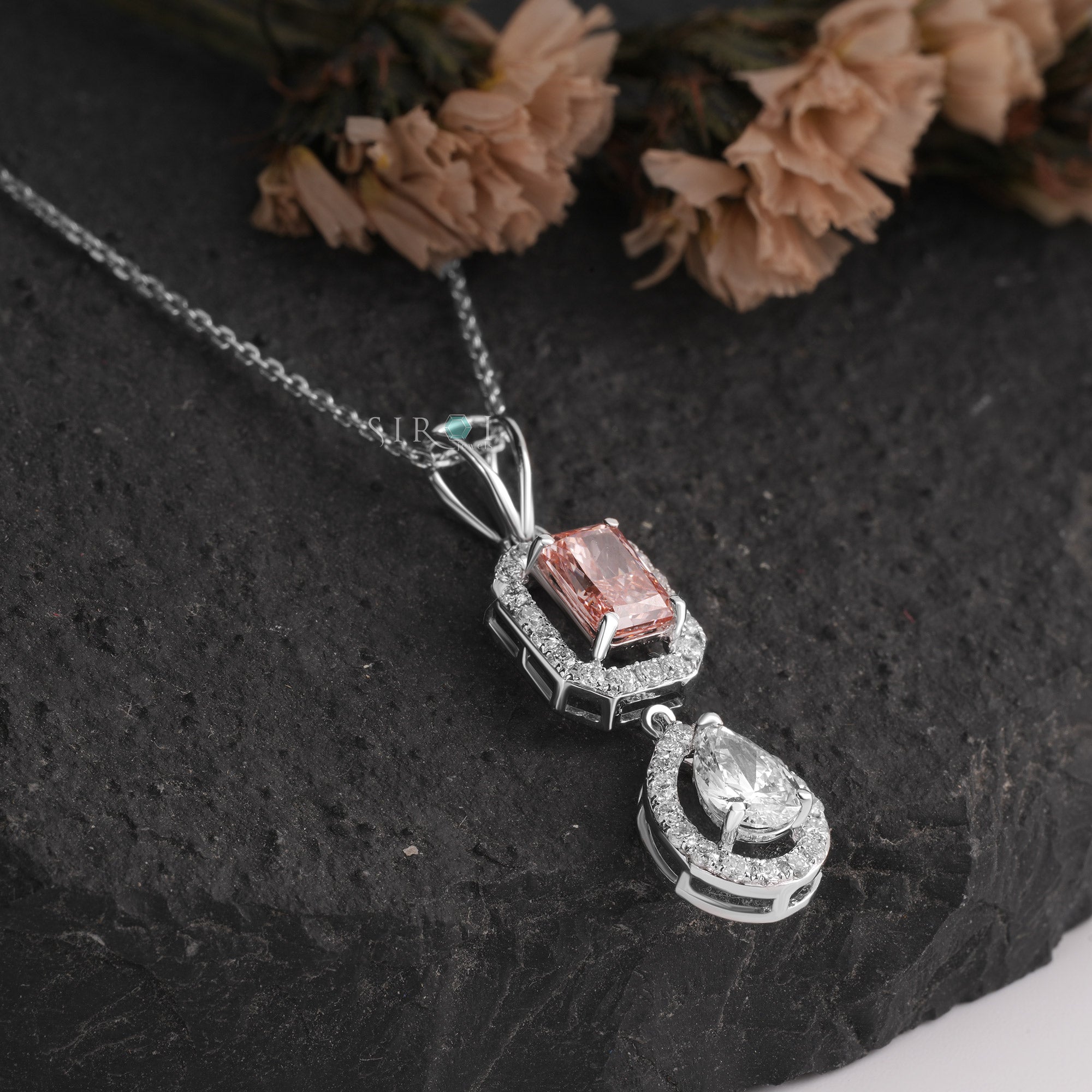 Pink Princess & Pear-Cut Diamond Drop Pendant