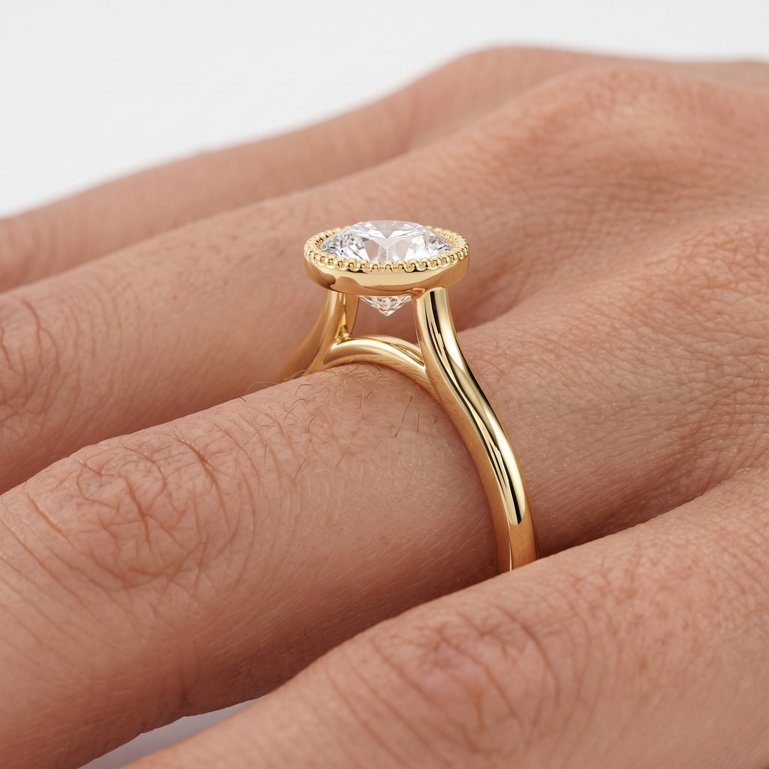 Milgrain Bezel Lab Grown Diamond Ring, Round Cut Solitaire, Solid Gold Engagement Ring