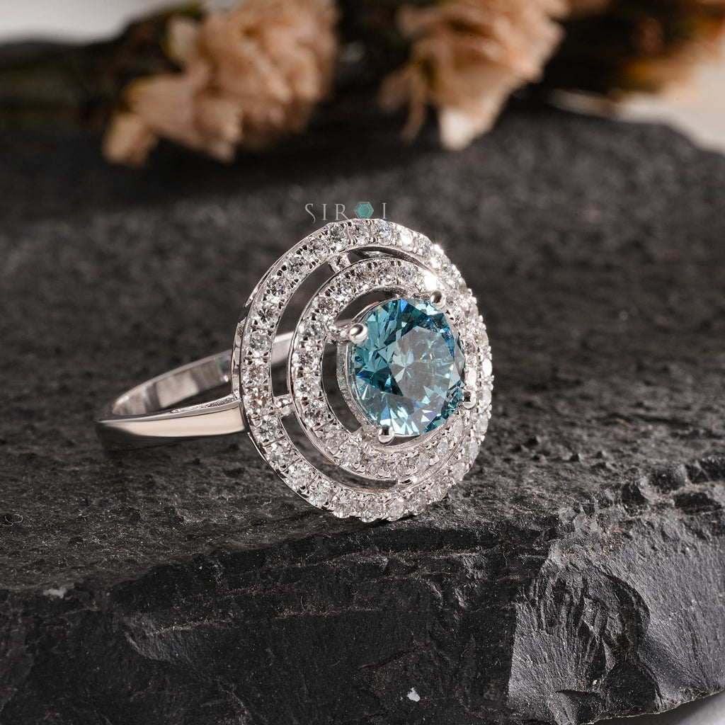 Round Cut Aqua Center Stone Ring with Pave Setting