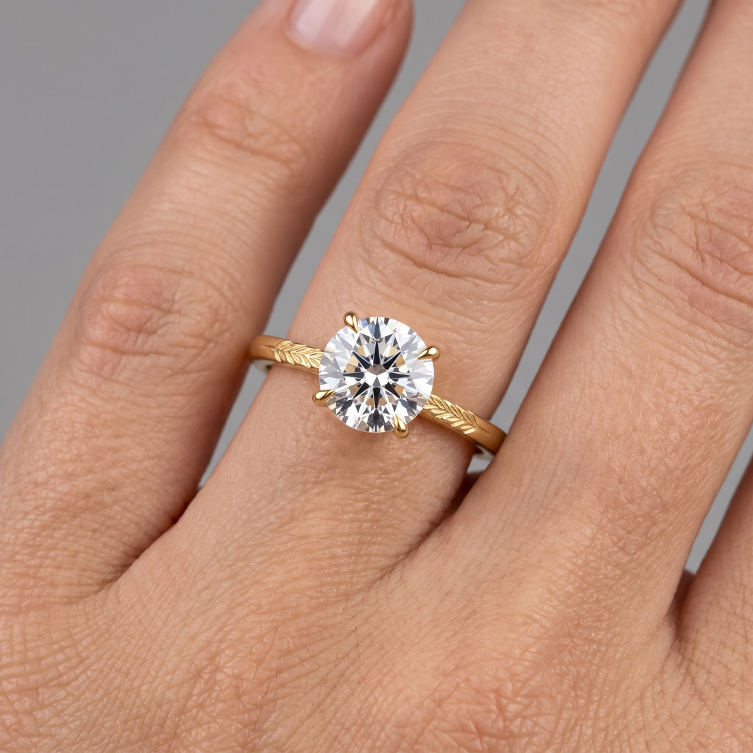 Hand Engraved Wheat Solitaire Engagement Ring, Round Cut Diamond, Nature Inspired Band
