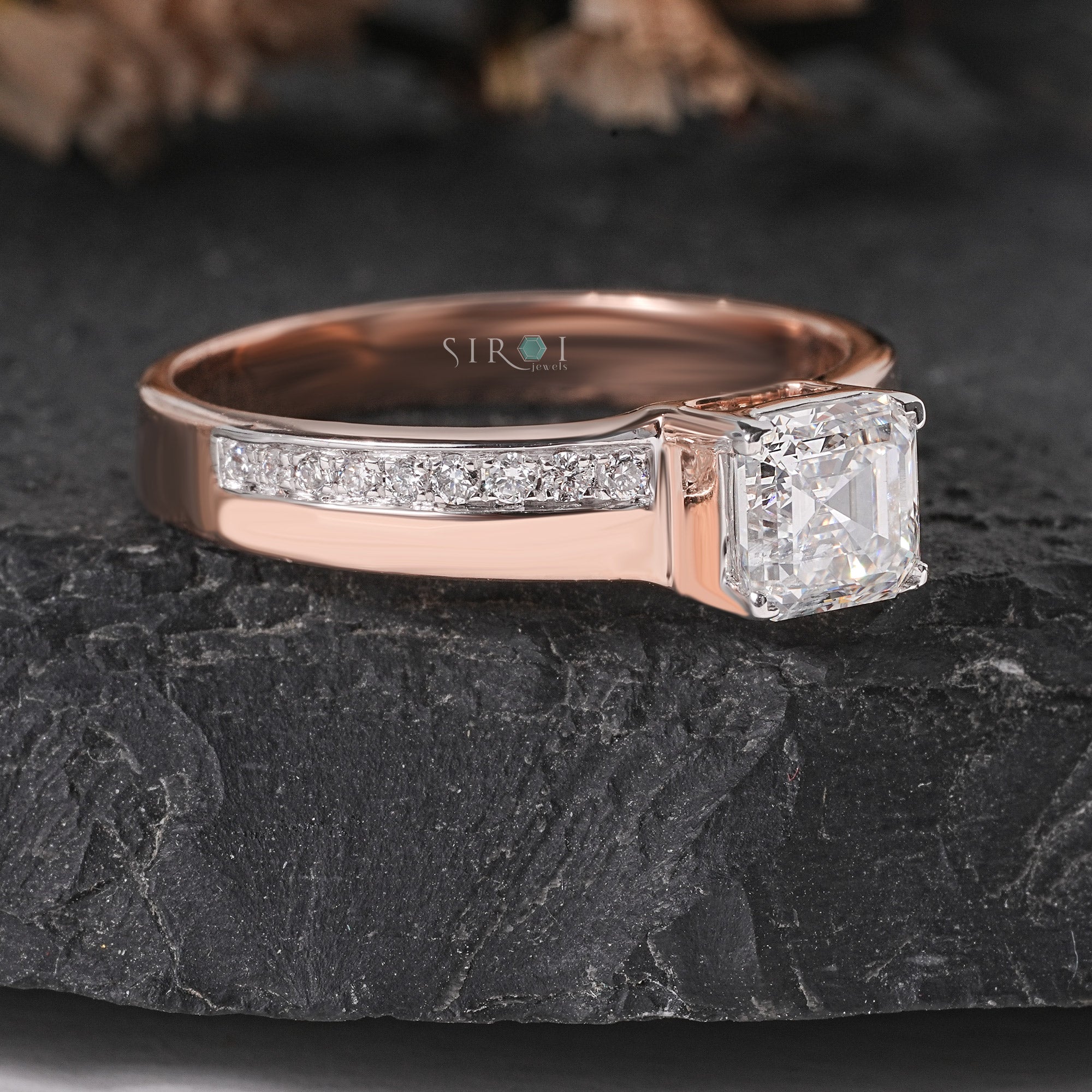 Rose Gold emerald Diamond Ring with Shoulder Pave