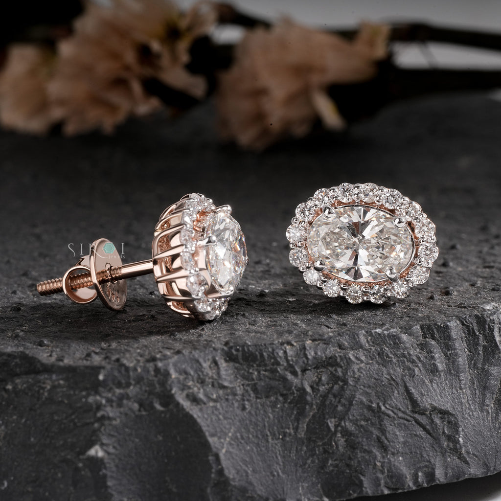 Elegant Oval Diamond Halo Stud Earrings in Two-Tone Gold