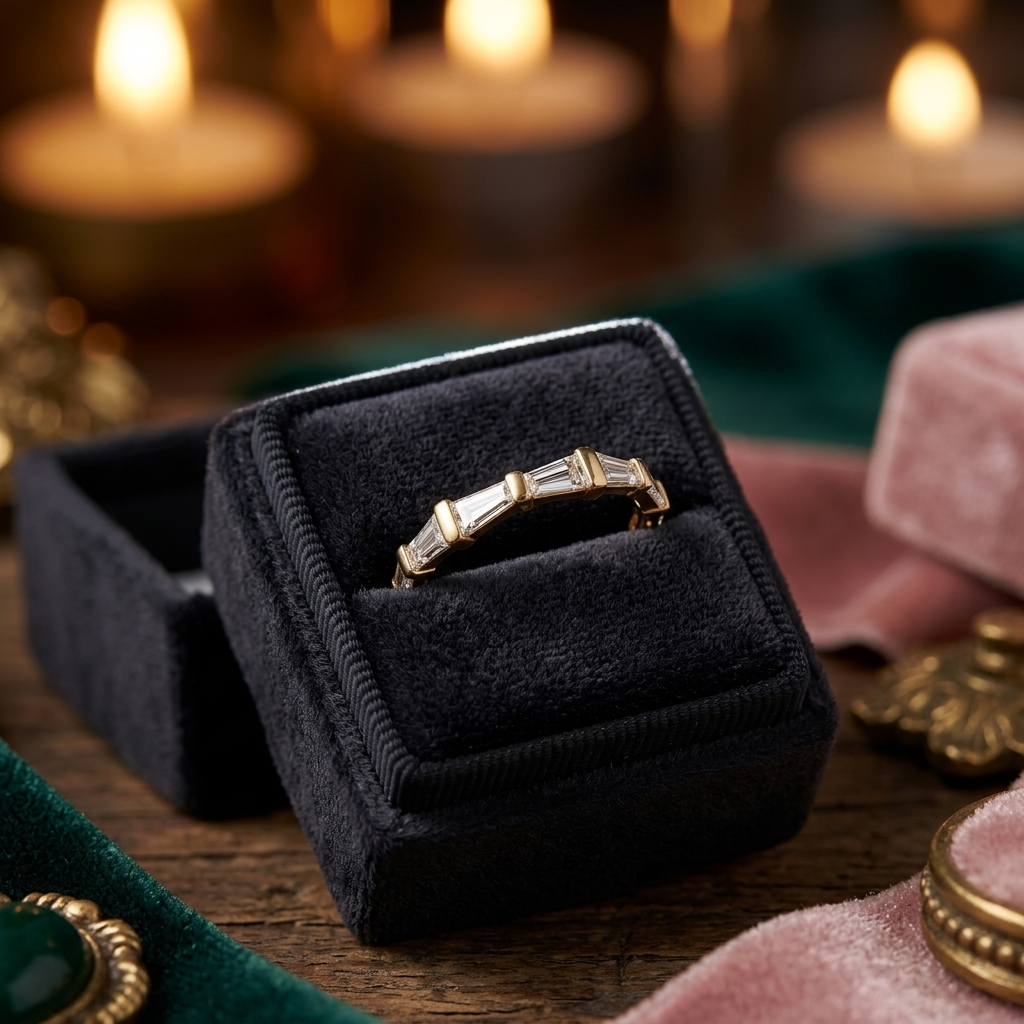 Baguette Cut Diamond Wedding Band, Art Deco Stacking Ring, Solid Gold Anniversary Band