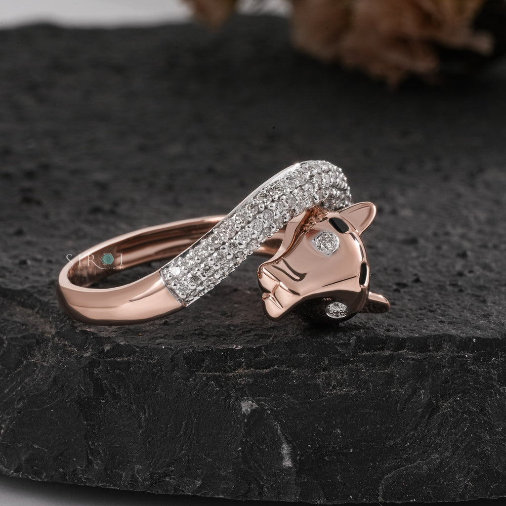 Rose Gold & Black Enamel Leopard/Panther Ring with Pave Diamond Band