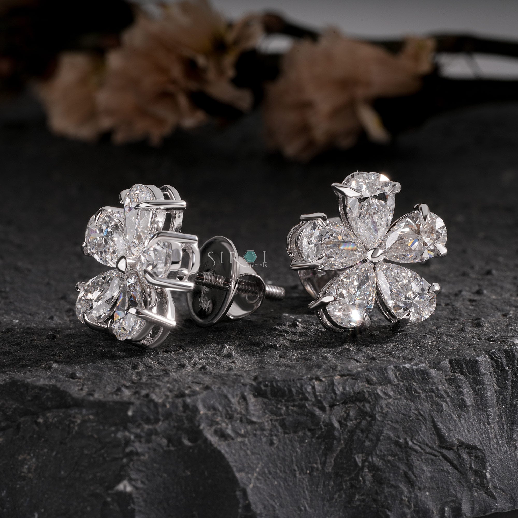 Pear Diamond Flower Cluster pear Stud Earrings in White Gold