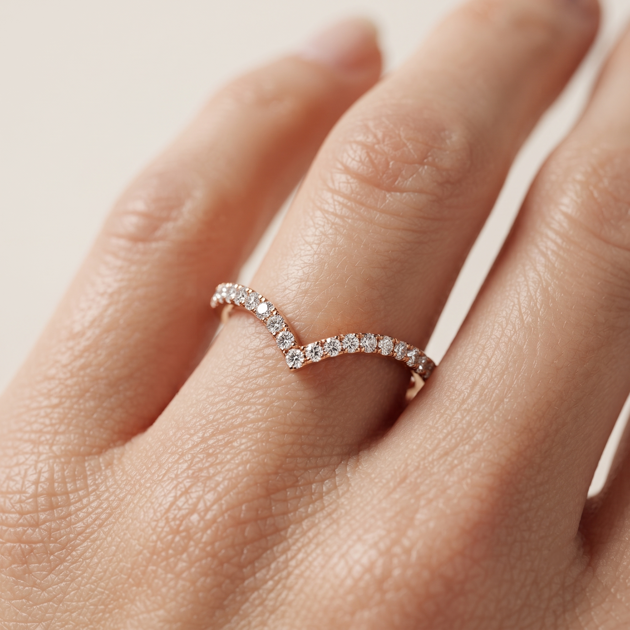 Diamond V Shape Ring, Curved Wedding Band, Pave Set Diamonds, Stacking Chevron Ring