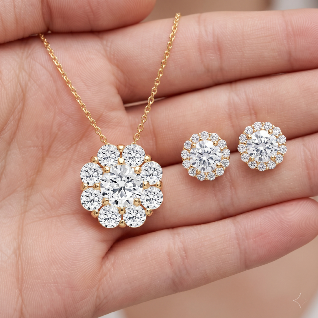 Floral Diamond Halo Pendant Earrings Set, Bridal Jewelry Gift, Cluster Necklace Set