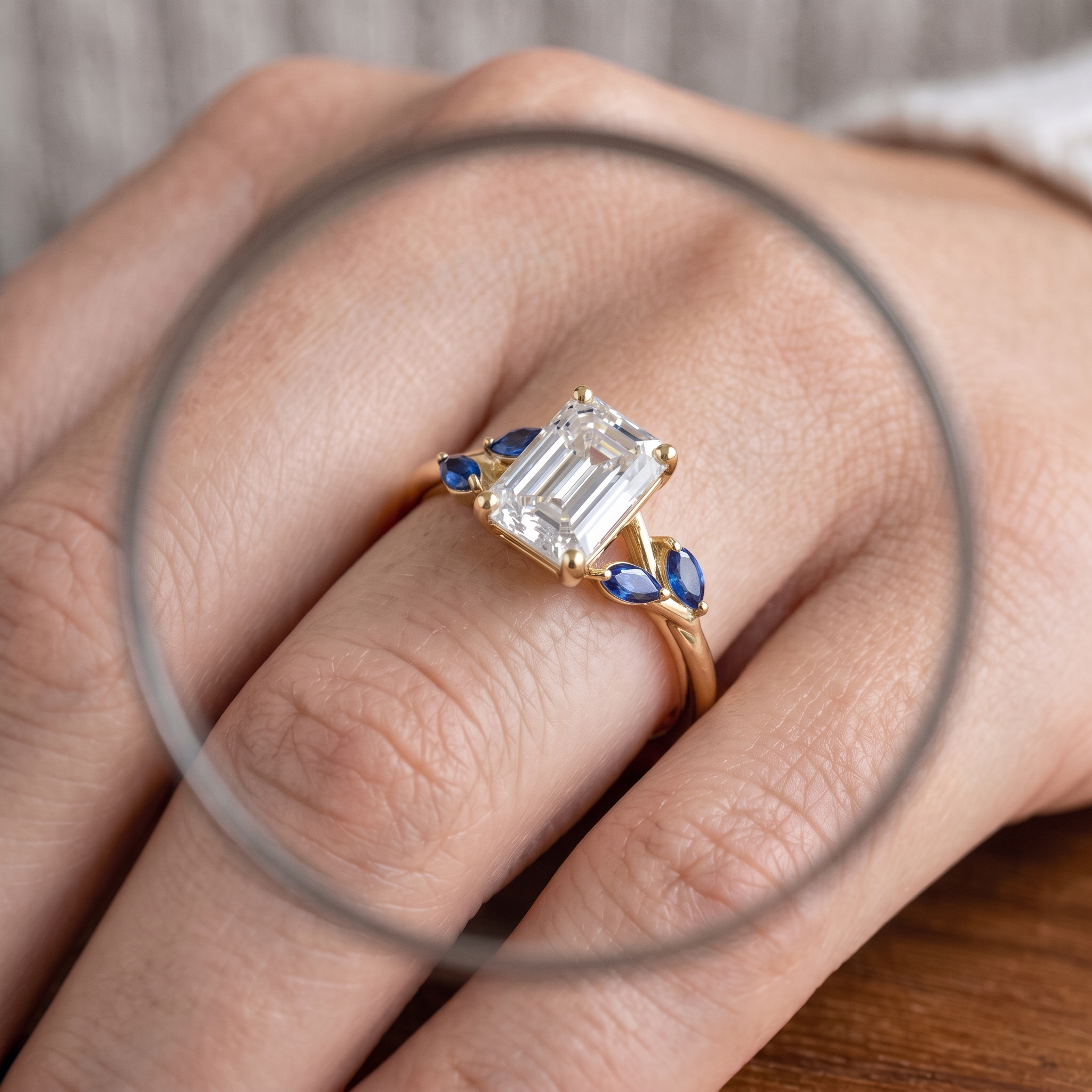 Emerald Cut Diamond Engagement Ring Set, Blue Sapphire Branch Design, Solid Gold Wedding Band