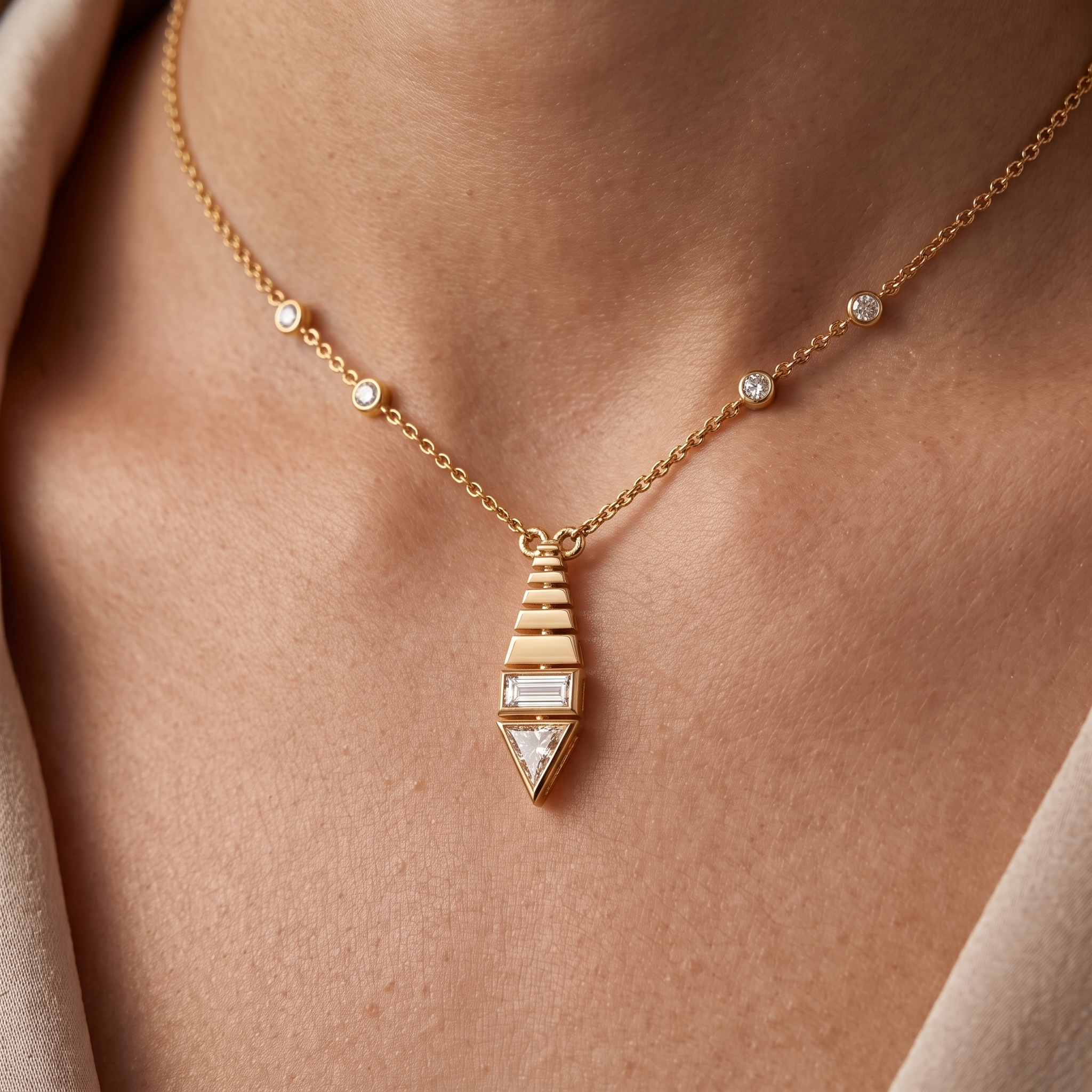 Art Deco Diamond Pendant Necklace, Baguette & Trillion Cut, Minimalist Gold Statement Jewelry