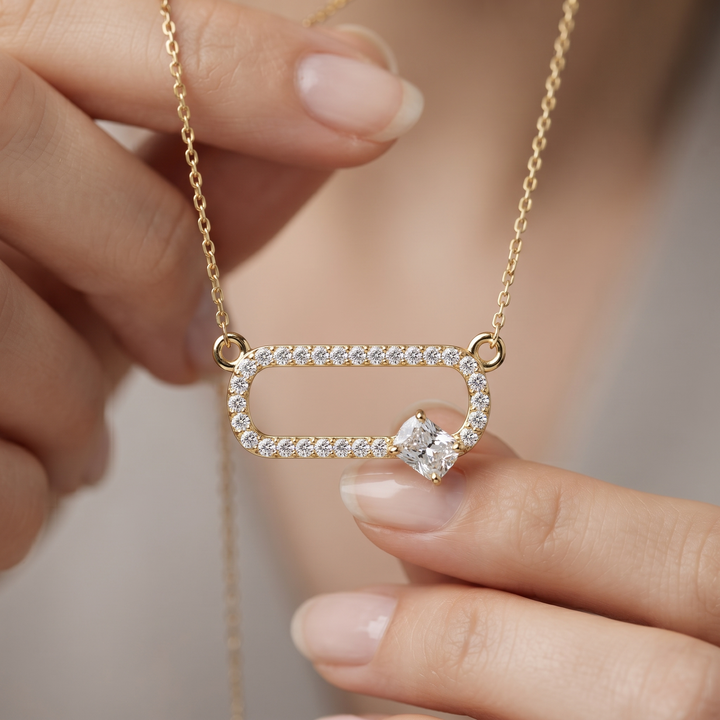 Pave Diamond Paperclip Necklace, Cushion Solitaire Pendant, Minimalist Gold Jewelry