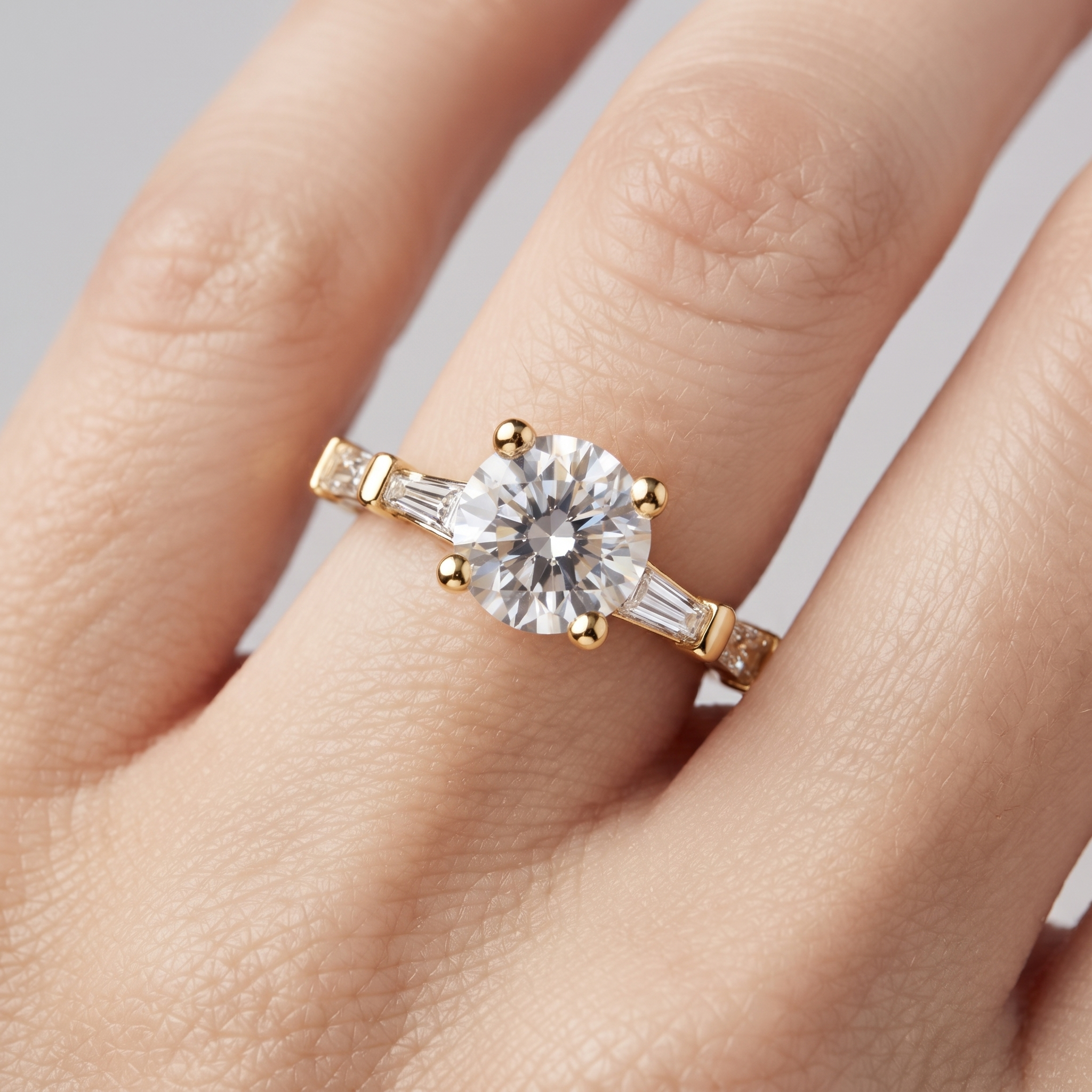 1.00 Carat Round Lab Grown Diamond Engagement Ring, Baguette Accents, Yellow Gold (Customizable)