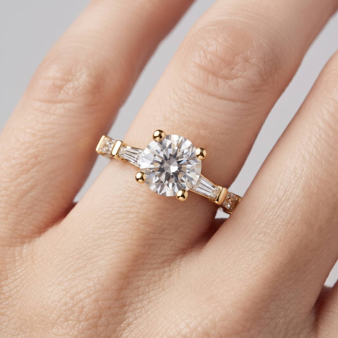 1.00 Carat Round Lab Grown Diamond Engagement Ring, Baguette Accents, Yellow Gold (Customizable)