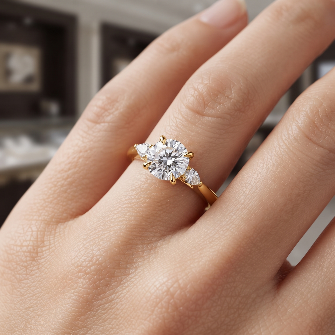 Round Cut Solitaire Engagement Ring & Matching Band Set, Yellow Gold, Milgrain Accents