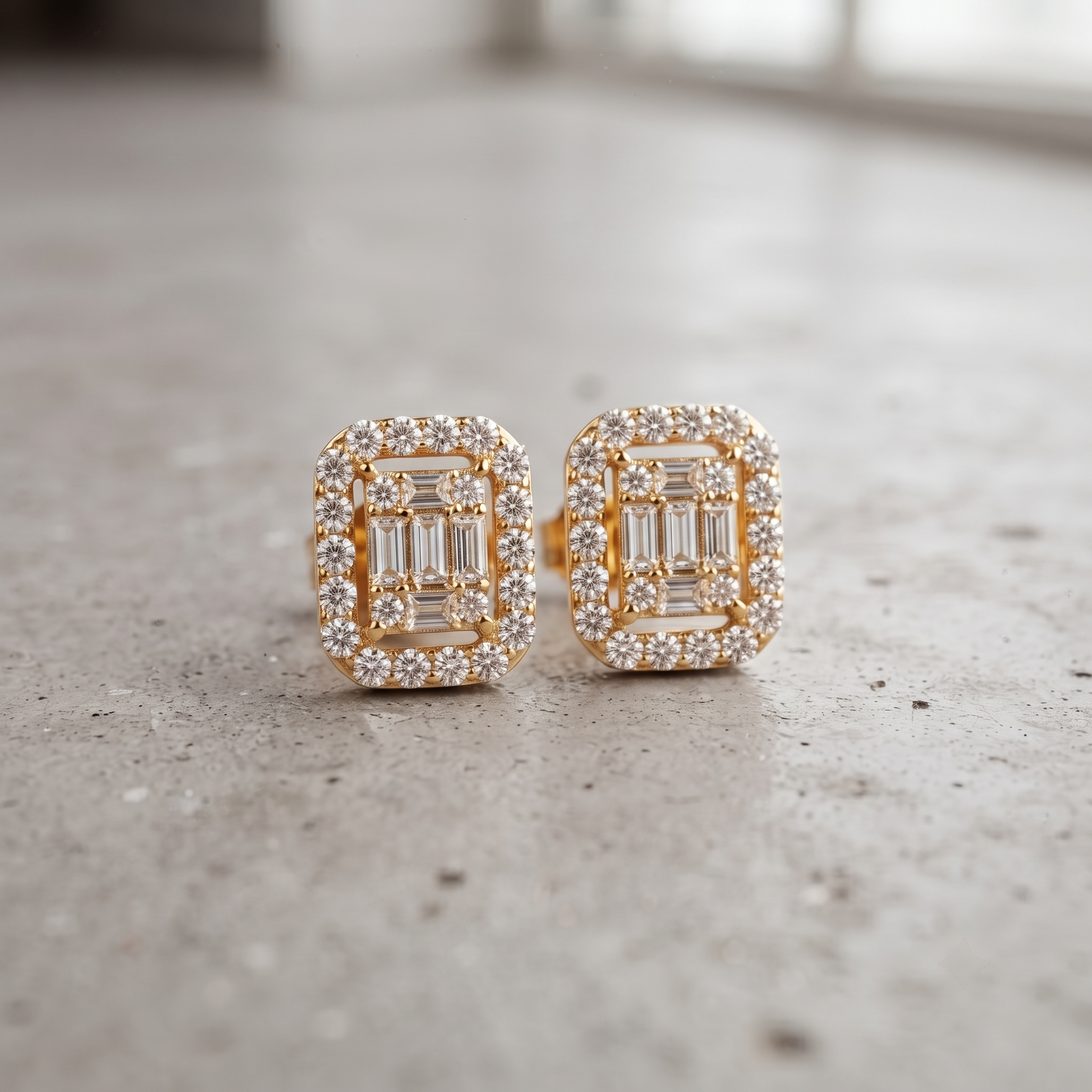 Baguette and Round Diamond Halo Stud Earrings