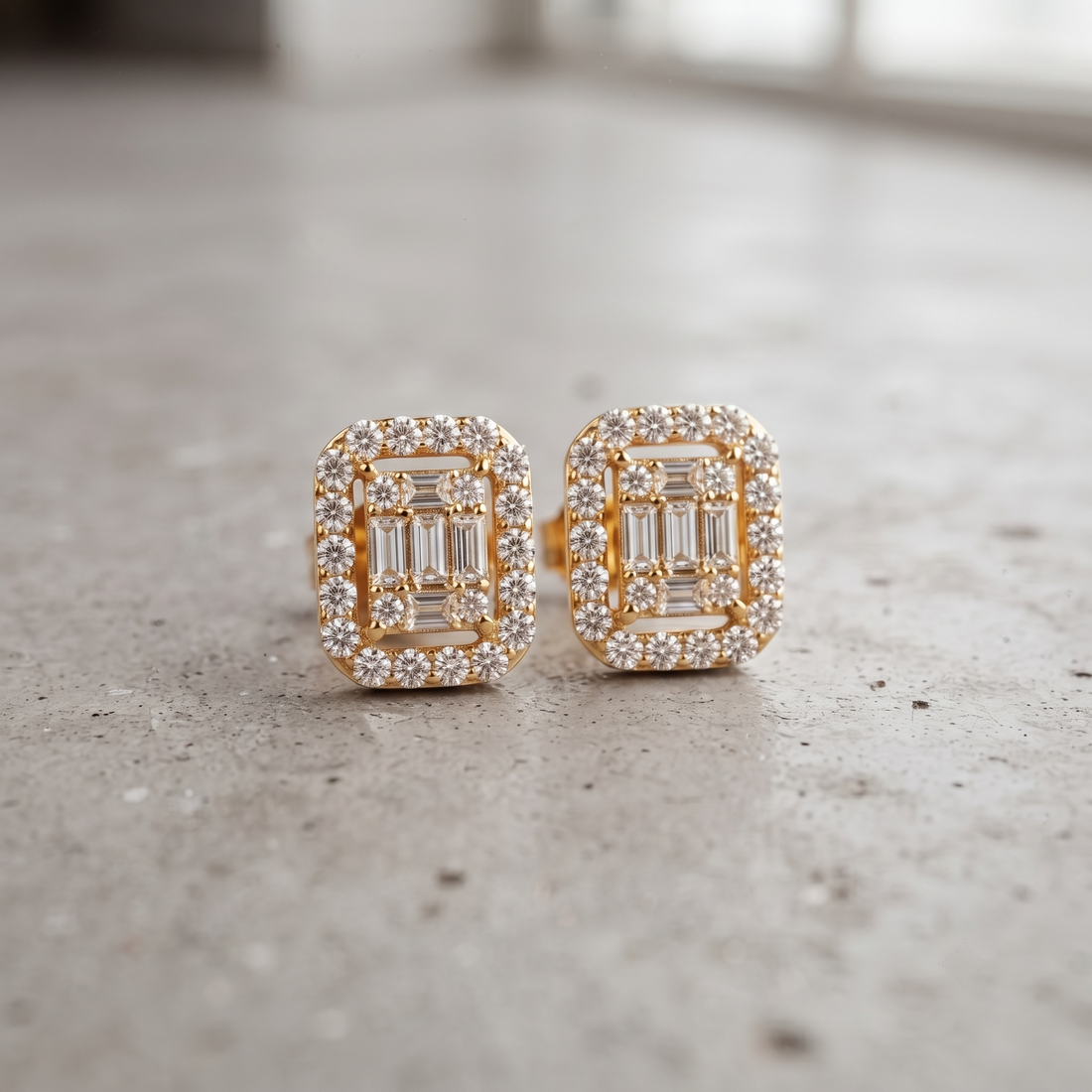 Baguette and Round Diamond Halo Stud Earrings