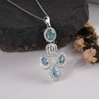 Aqua Cascade Emerald Diamond and Blue Pear Cluster Pendant in White Gold