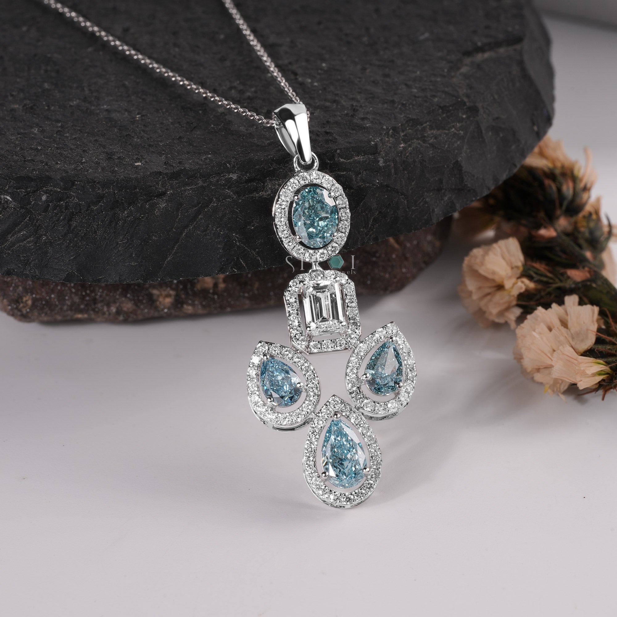 Aqua Cascade Emerald Diamond and Blue Pear Cluster Pendant in White Gold