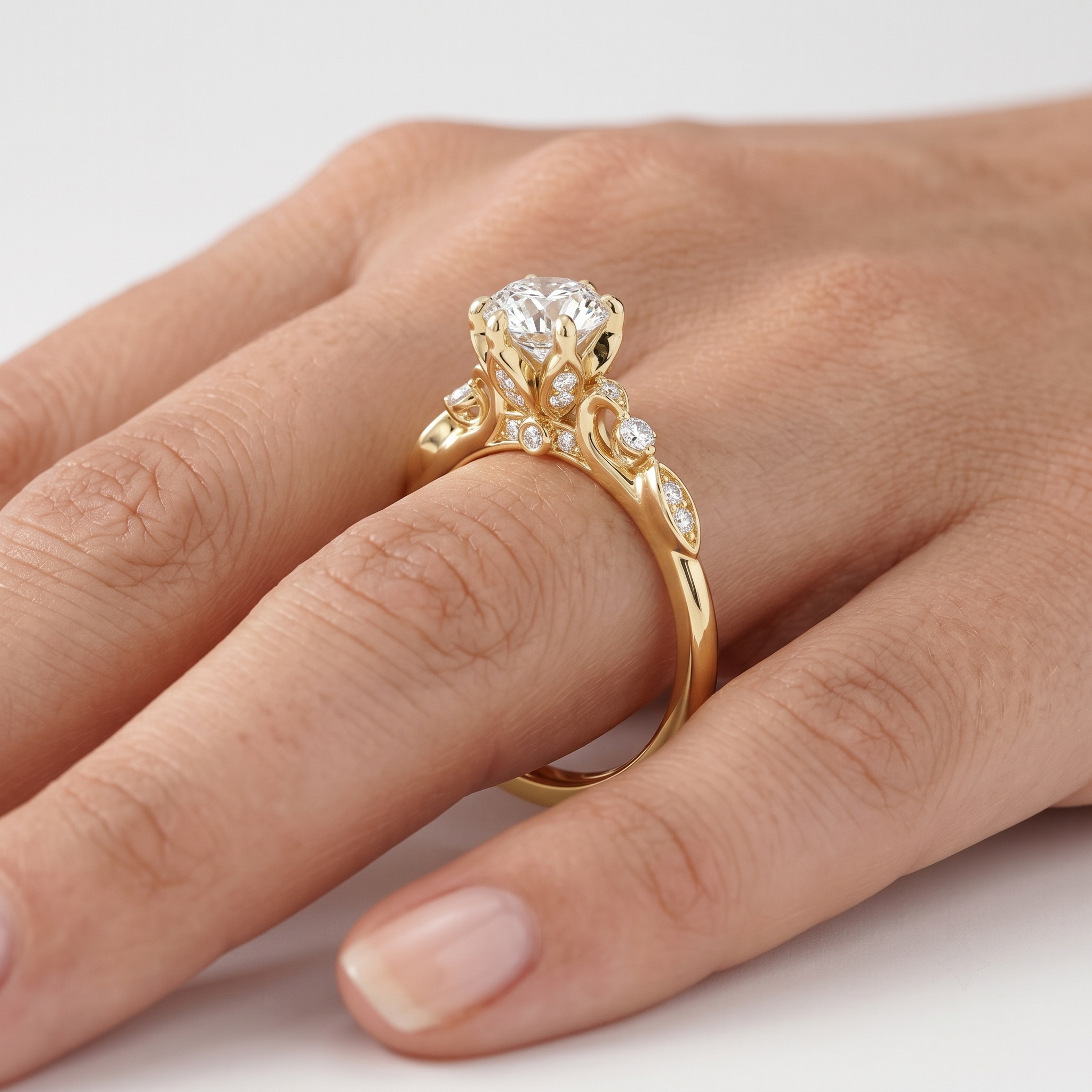 Custom Floral Basket Engagement Ring, Lab Grown Diamond, Hidden Halo Accent
