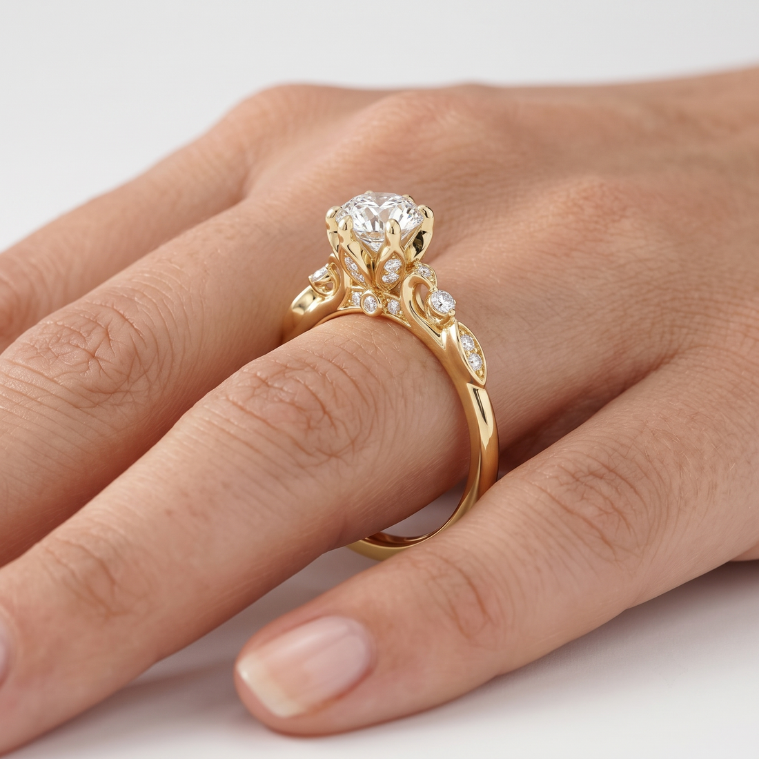 Custom Floral Basket Engagement Ring, Lab Grown Diamond, Hidden Halo Accent