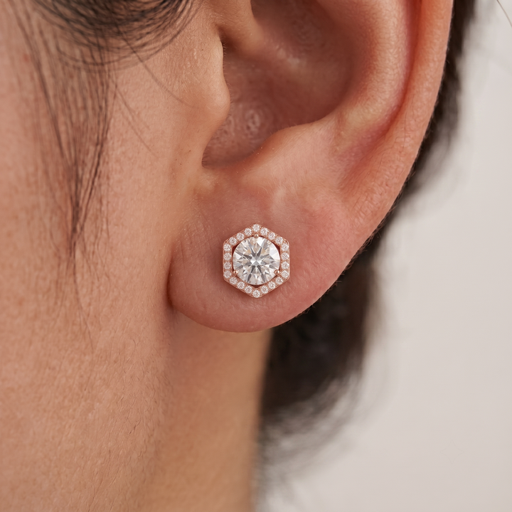 Hexagon Halo Stud Earrings – Modern Geometric Diamond Simulant Earrings in Gold or Silver