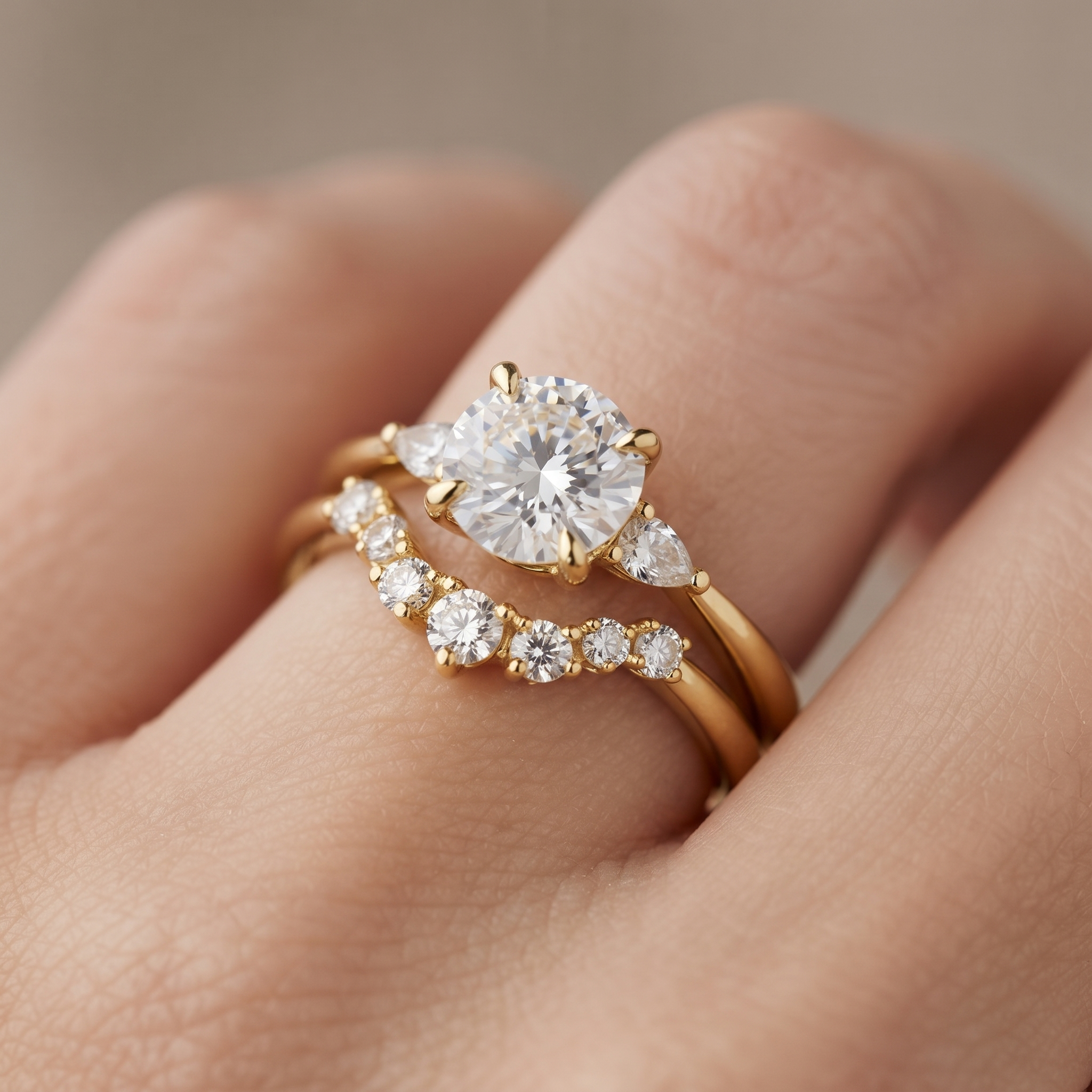 Round Engagement Ring Set, Pear Side Stones, Yellow Gold Curved Wedding Band