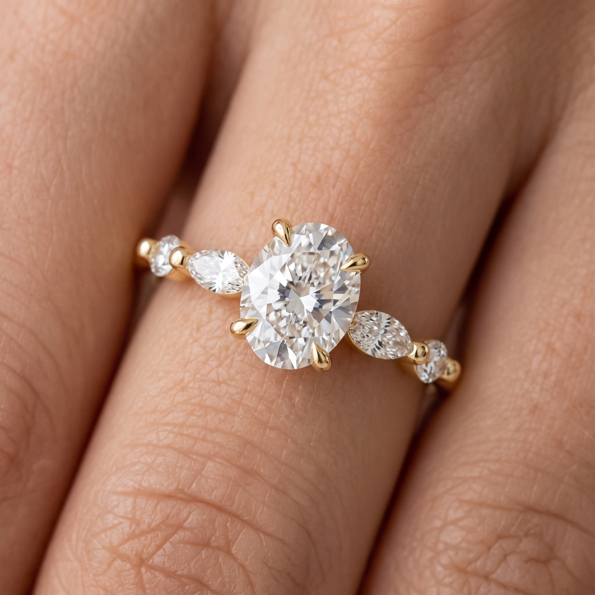 Oval Cut Solitaire Engagement Ring Set | Marquise Beaded Wedding Band (Yellow Gold)