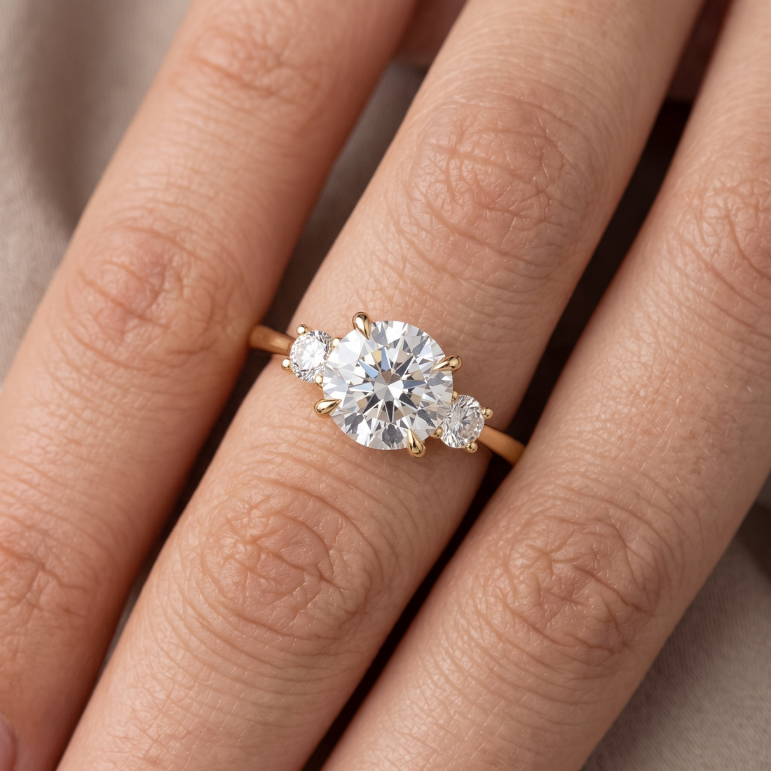 3 Stone Round Diamond Engagement Ring, Curved Matching Band, Minimalist Yellow Gold Bridal Set