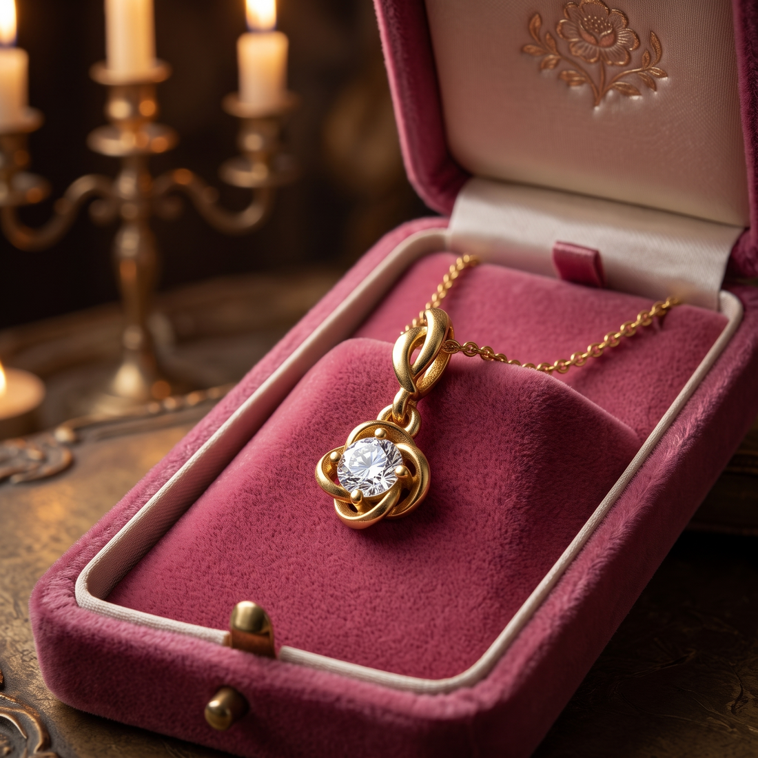 14K Gold Solitaire Diamond Pendant, Round Brilliant Cut, Floral Swirl Charm Necklace
