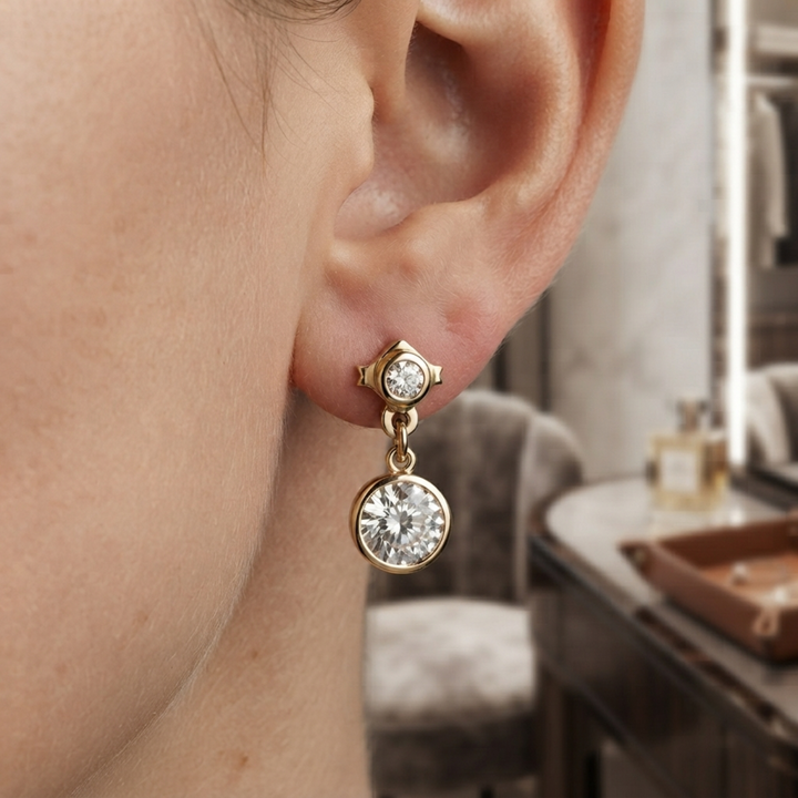 Two-Stone Drop Earrings – Round Cut Diamond Simulant Earrings in Gold and Sterling silver