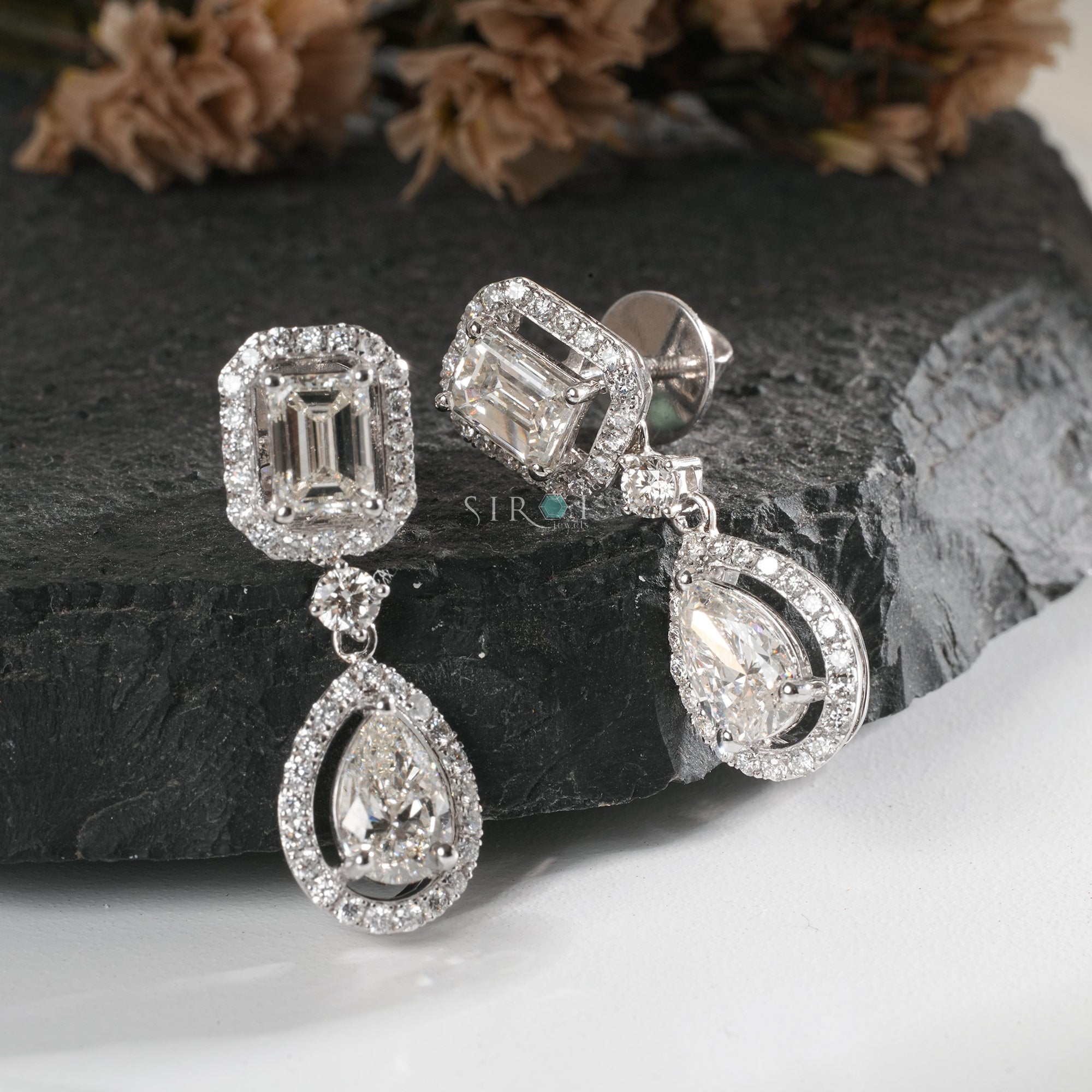Emerald Cut and Pear Shape Diamond Halo Drop Earrings