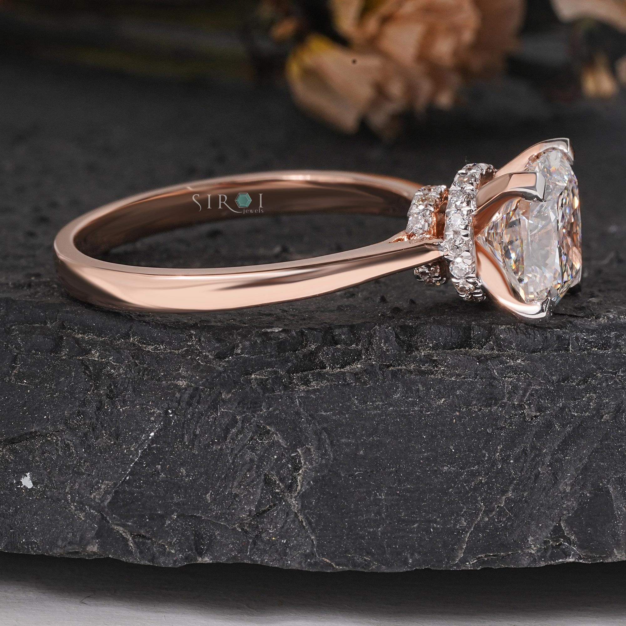 Cushion Cut Diamond Engagement Ring in Rose Gold with Hidden Halo