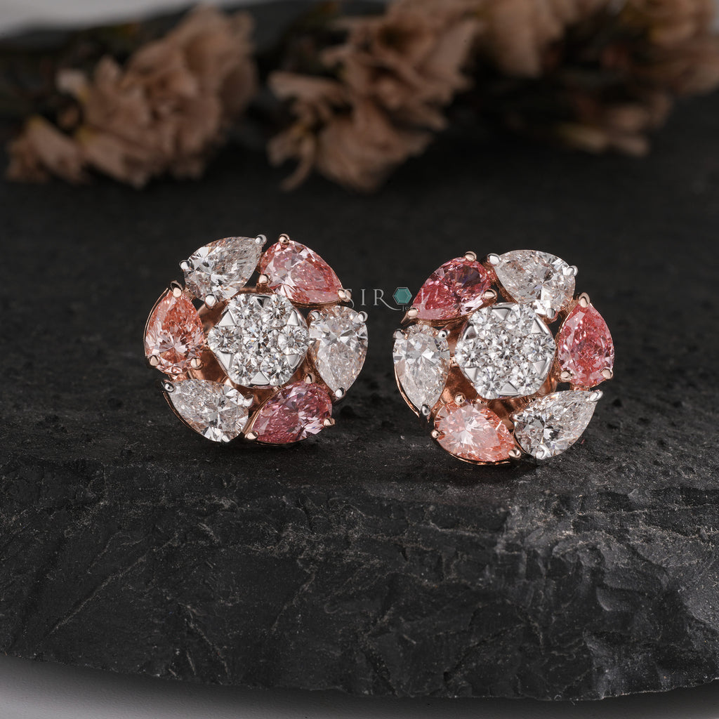 Fancy Pink & White Diamond Floral Cluster Studs.