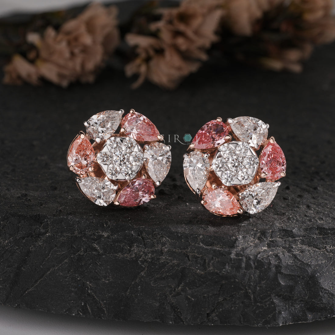 Fancy Pink & White Diamond Floral Cluster Studs.