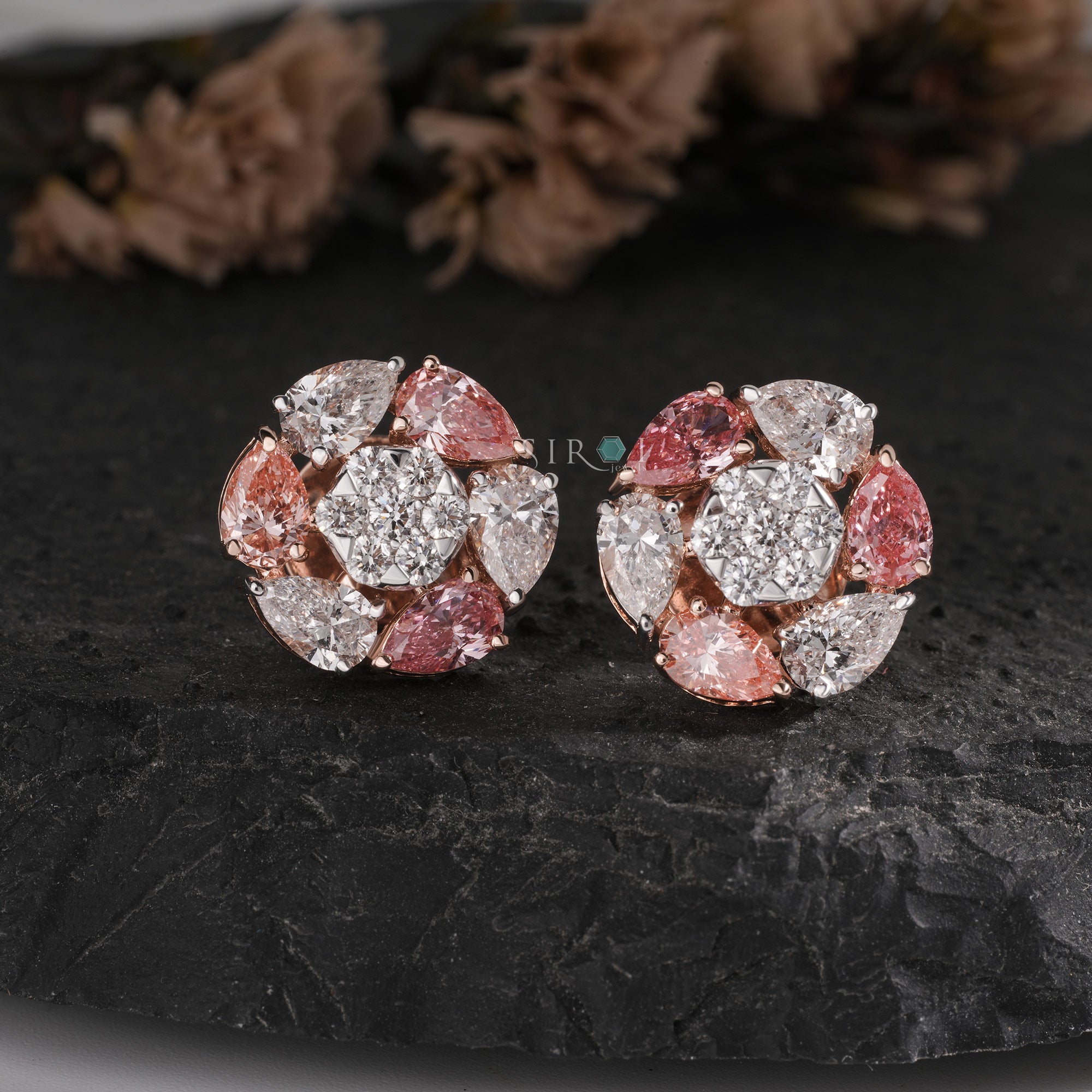 Fancy Pink & White Diamond Floral Cluster Studs.