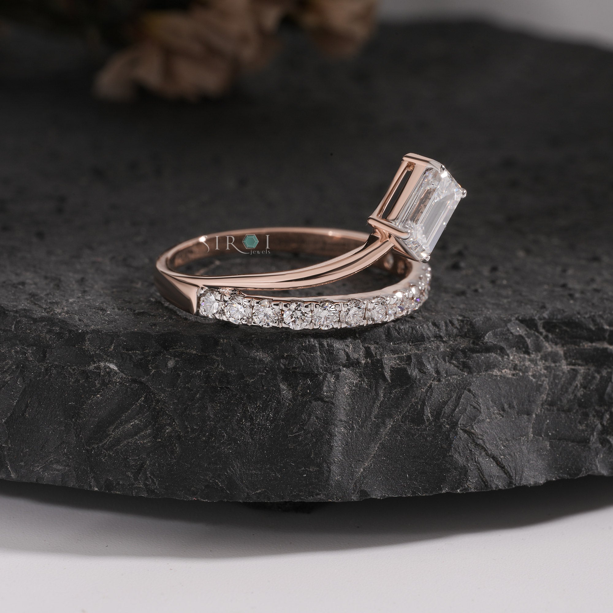 The Emerald-Cut Solitaire with Pave Diamond Band in Rose Gold