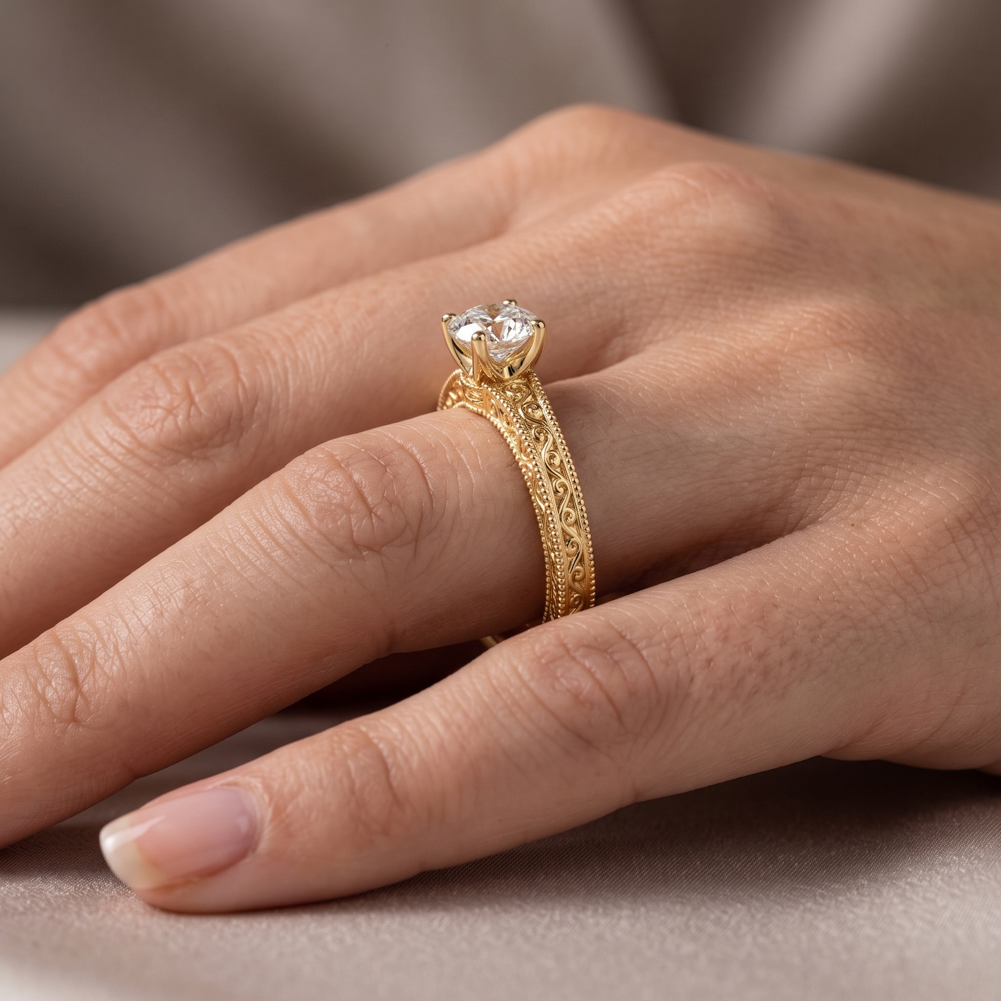 Vintage Art Deco Yellow Gold Engagement Ring, Round Lab Grown Diamond, Milgrain Scroll Design