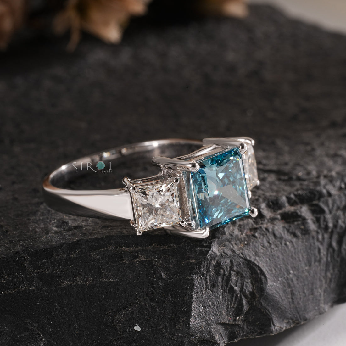 Princess Cut Blue Topaz and Diamond Three-Stone Engagement Ring in White Gold