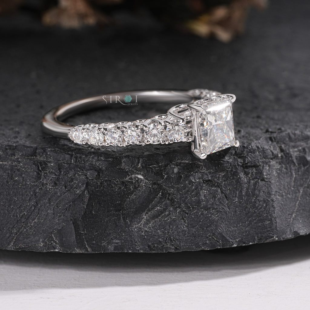 Princess-Cut Diamond Engagement Ring with Pave-Set Band