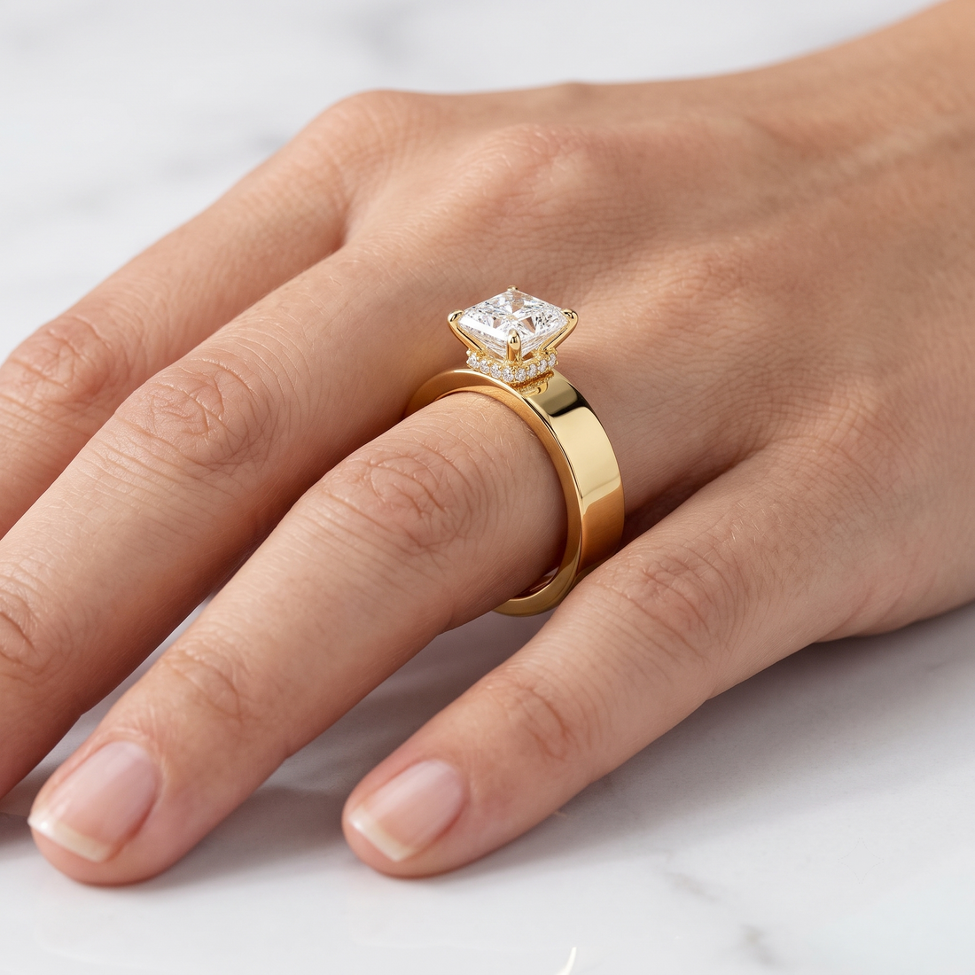 Wide Band Princess Cut Engagement Ring | Hidden Halo, Solid Gold Statement Piece