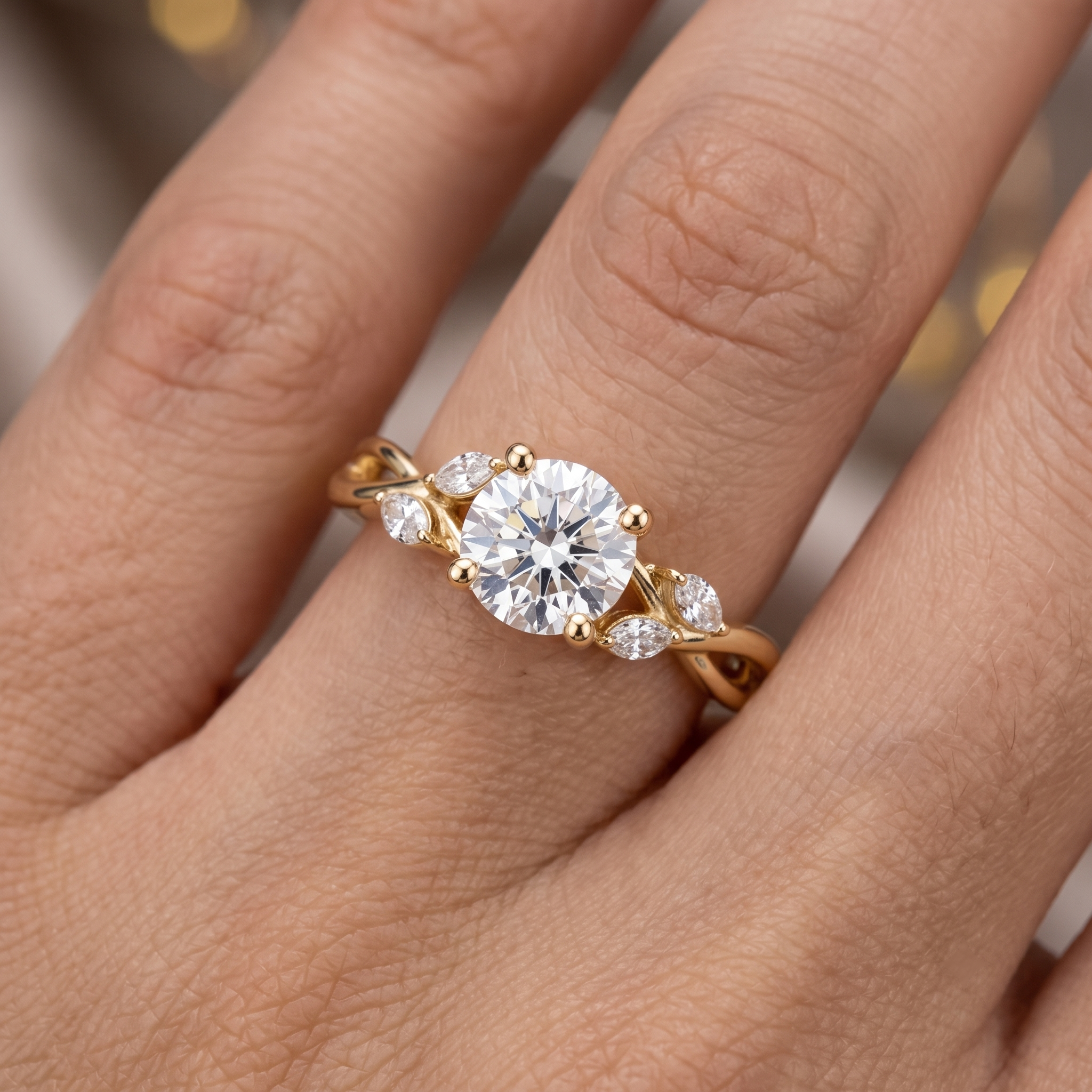 Lab Grown Diamond Engagement Ring Set, Nature Inspired Leaf Vine Design, Curved Wedding Band