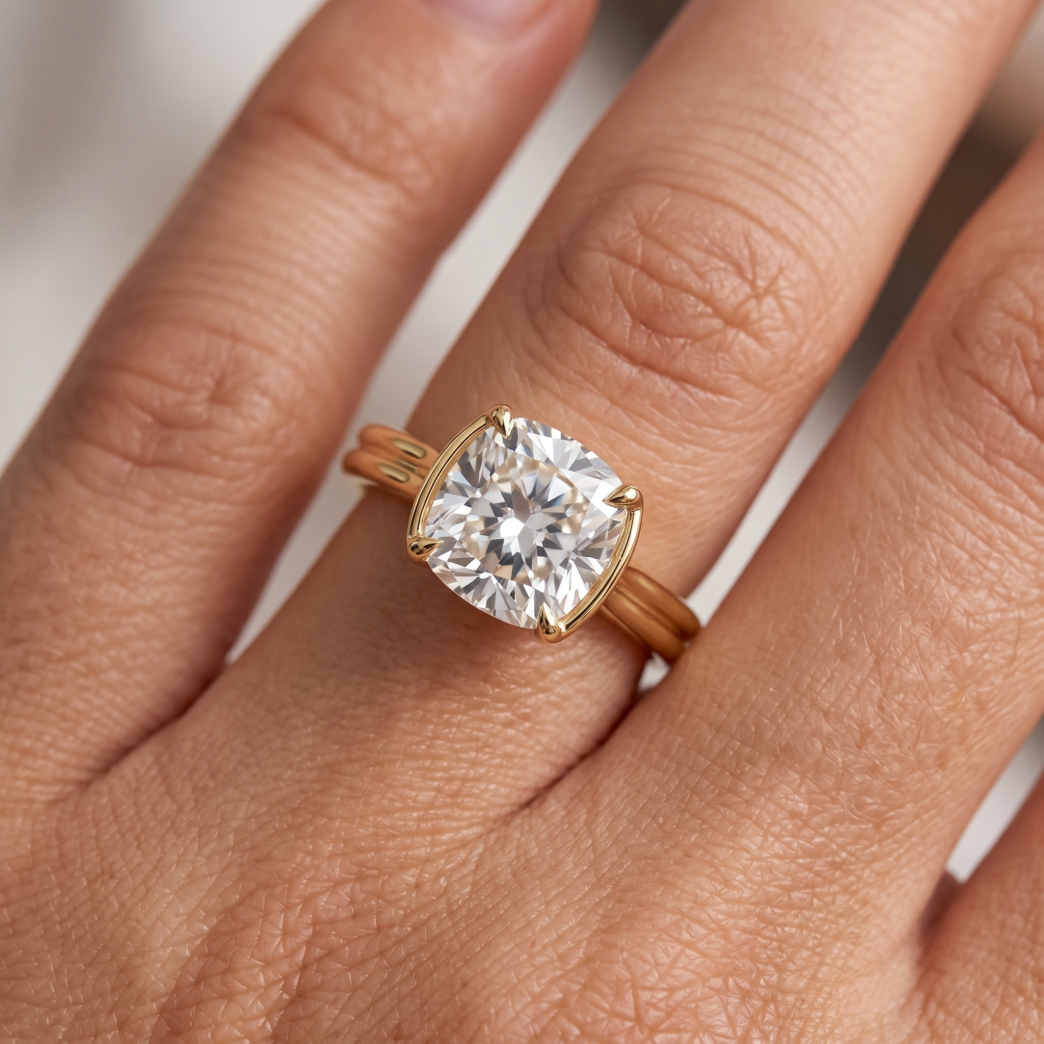 Cushion Cut Lab Diamond Engagement Ring, East West Double Shank Setting